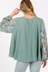 Sage Green Ruched Round Neck Bubble Sleeve Top, Tops, $ 45.00, A Moment Of Now™